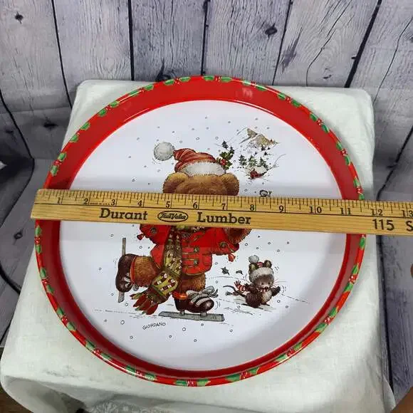 Vintage 1991 Giordano/Giftco Christmas Metal Tray Skating Teddy Bear and Mouse - Picture 4 of 5